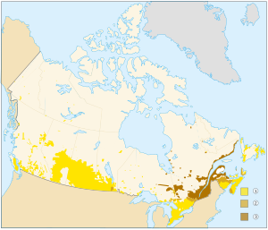 Map of Canada showing distribution of English-speaking, French-speaking and bilingual residents